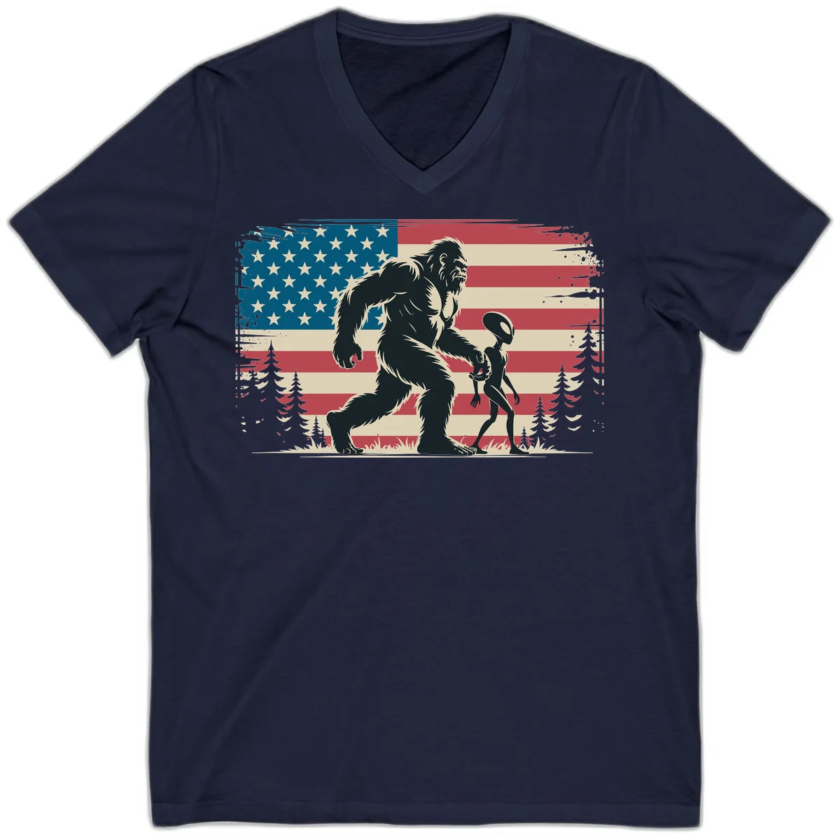 Bigfoot and Alien Stroll V-Neck in Navy
