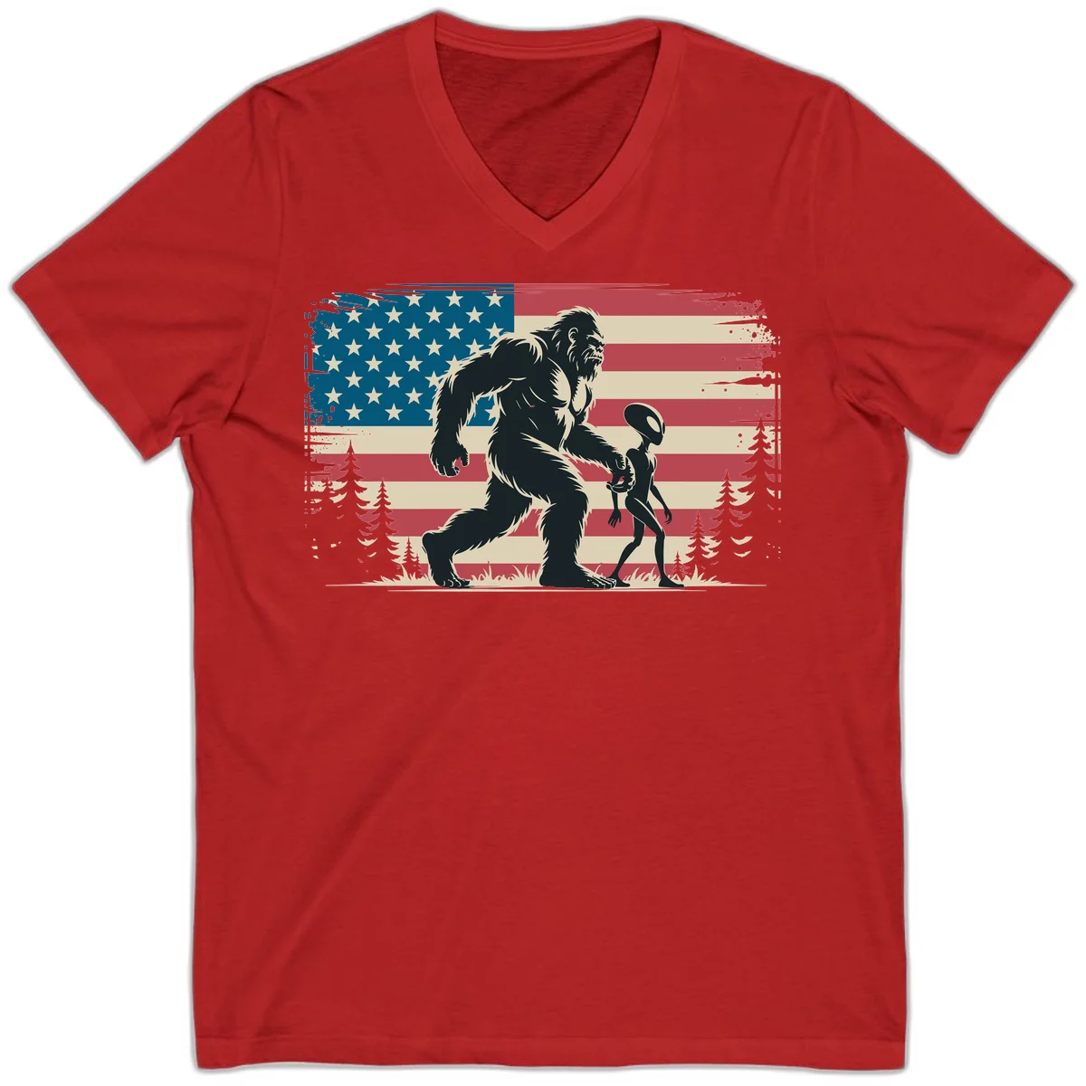 Bigfoot and Alien Stroll V-Neck in Red