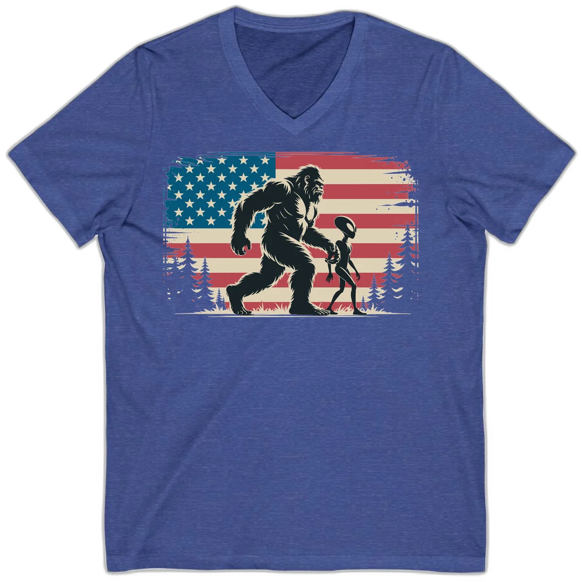 Bigfoot and Alien Stroll V-Neck in Heather True Royal