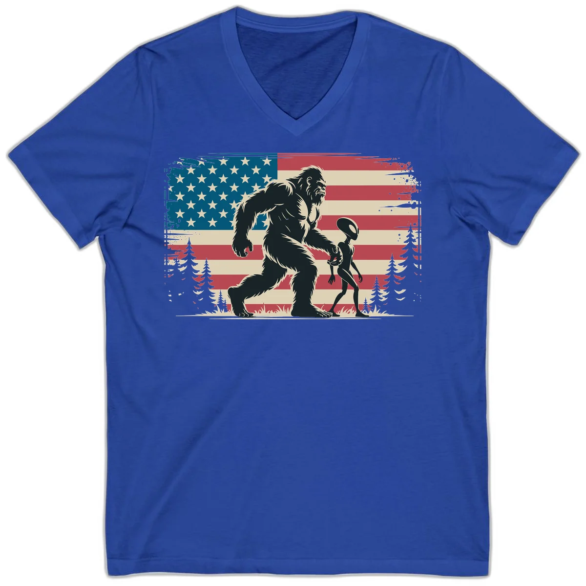 Bigfoot and Alien Stroll V-Neck in True Royal