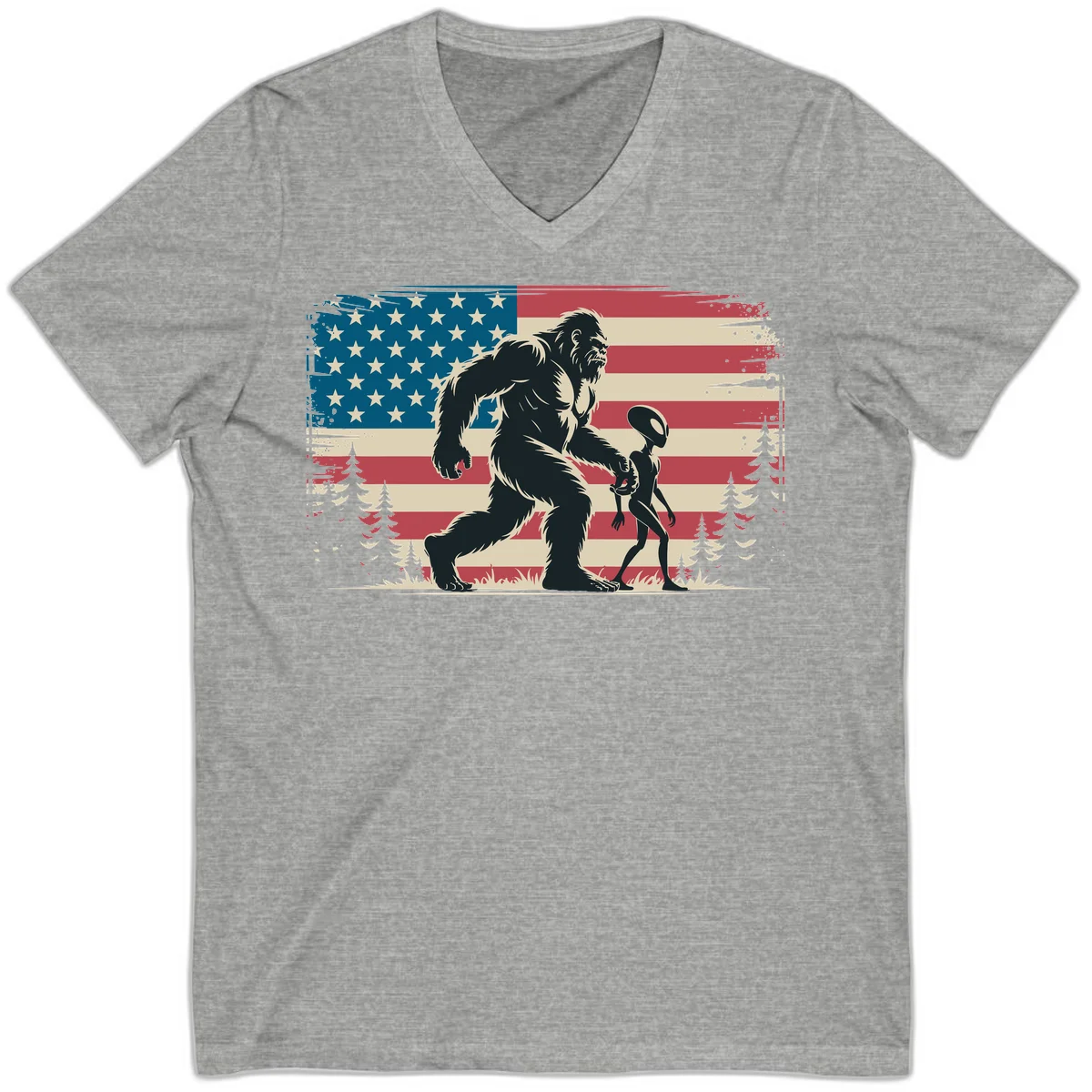 Bigfoot and Alien Stroll V-Neck in Athletic Heather