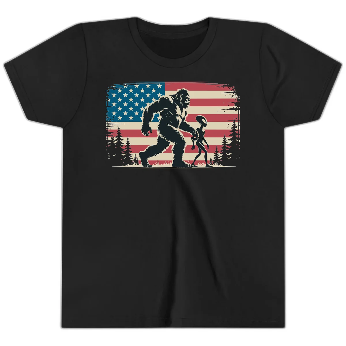 Bigfoot and Alien Stroll Youth T-Shirt in Black