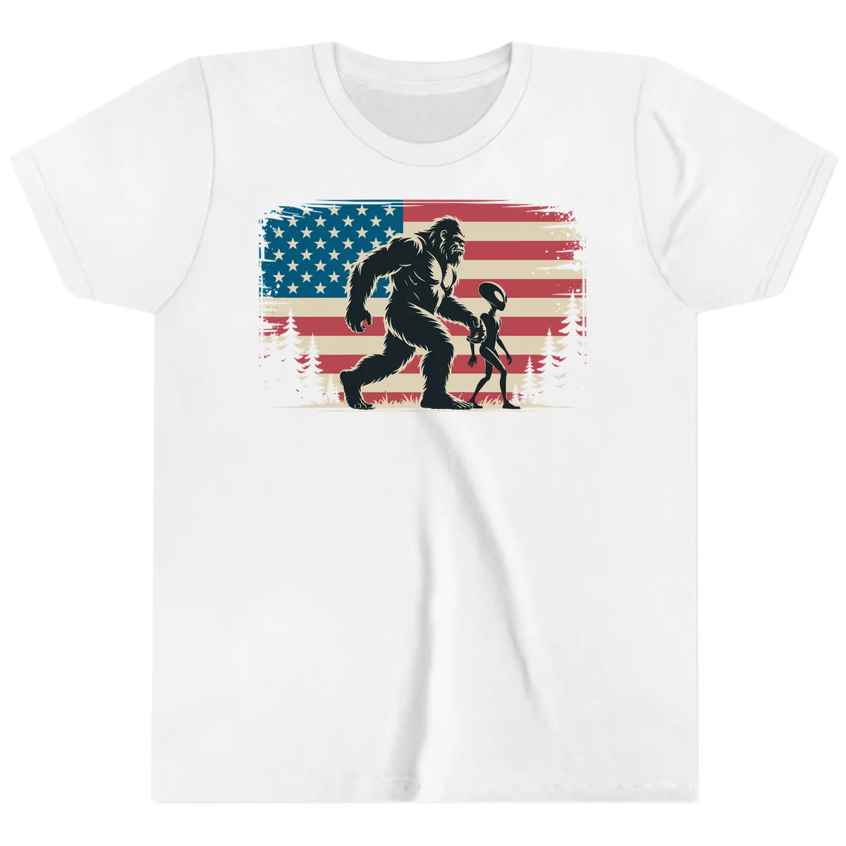 Bigfoot and Alien Stroll Youth T-Shirt in White