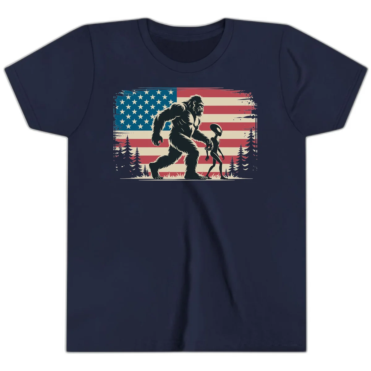 Bigfoot and Alien Stroll Youth T-Shirt in Navy