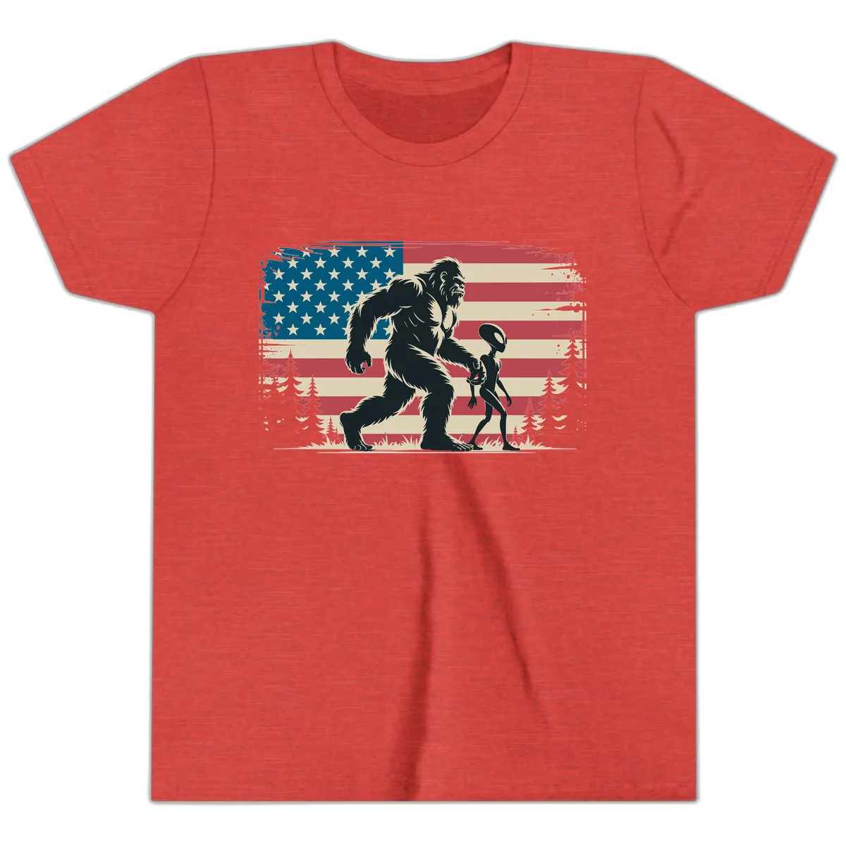 Bigfoot and Alien Stroll with American Flag Youth T-Shirt in Heather Red