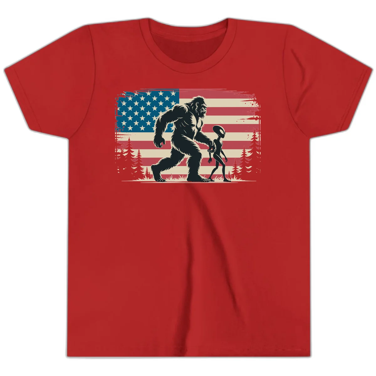 Bigfoot and Alien Stroll Youth T-Shirt in Red