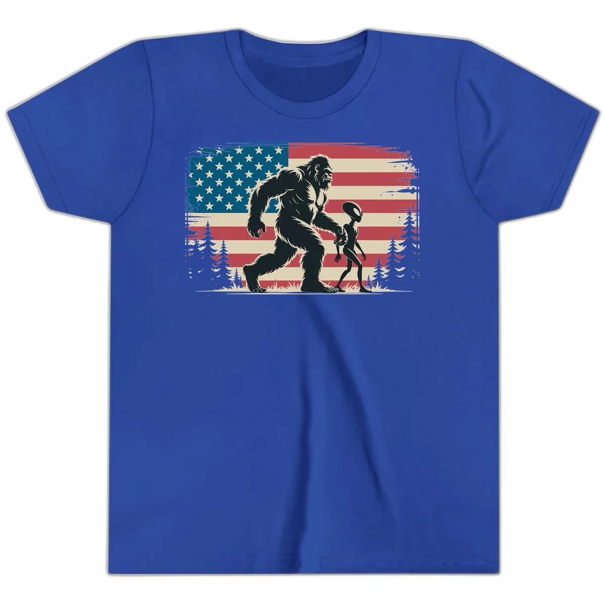 Bigfoot and Alien Stroll Youth T-Shirt in True Royal