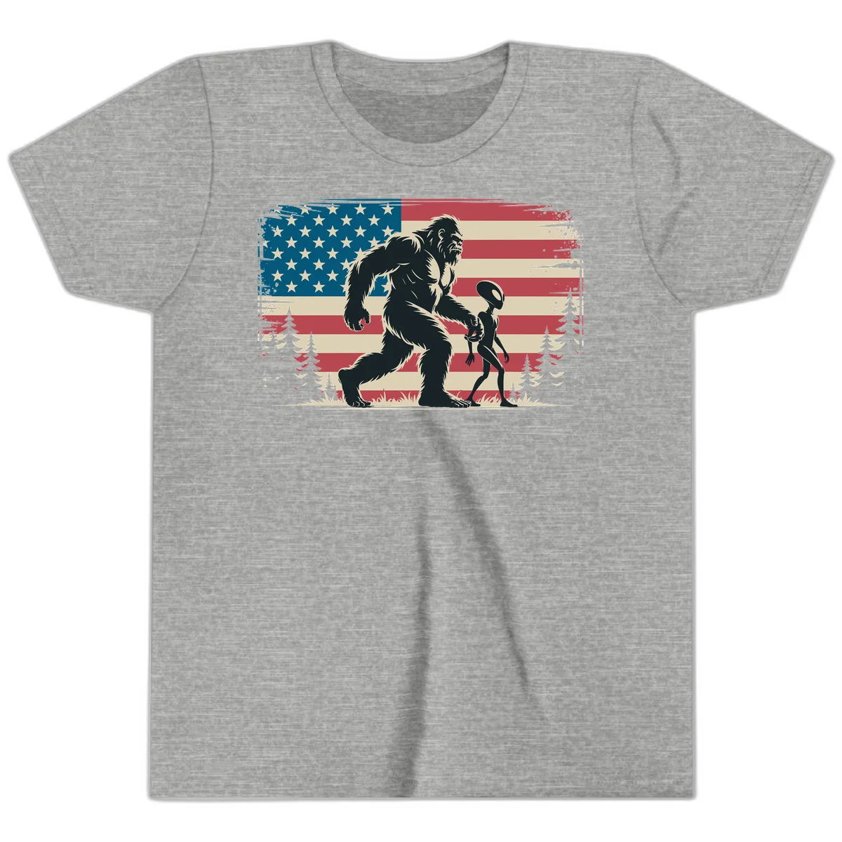 Bigfoot and Alien Stroll Youth T-Shirt in Athletic Heather