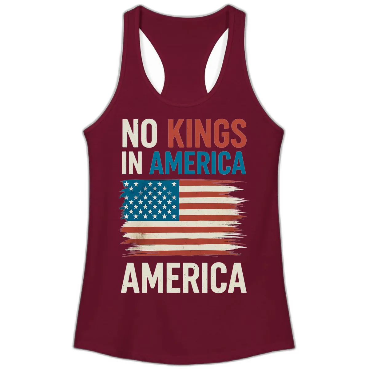No Kings In America Distressed Flag Design Ladies Tank in Solid Cardinal Red