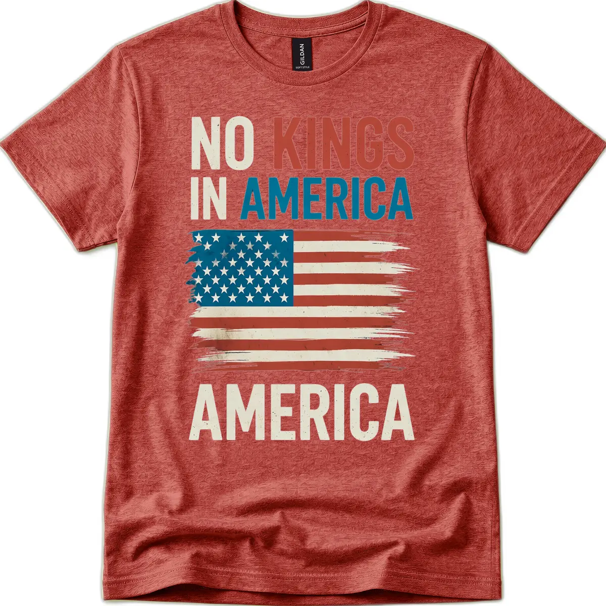 No Kings In America Distressed Flag Design T-Shirt in Heather Cardinal