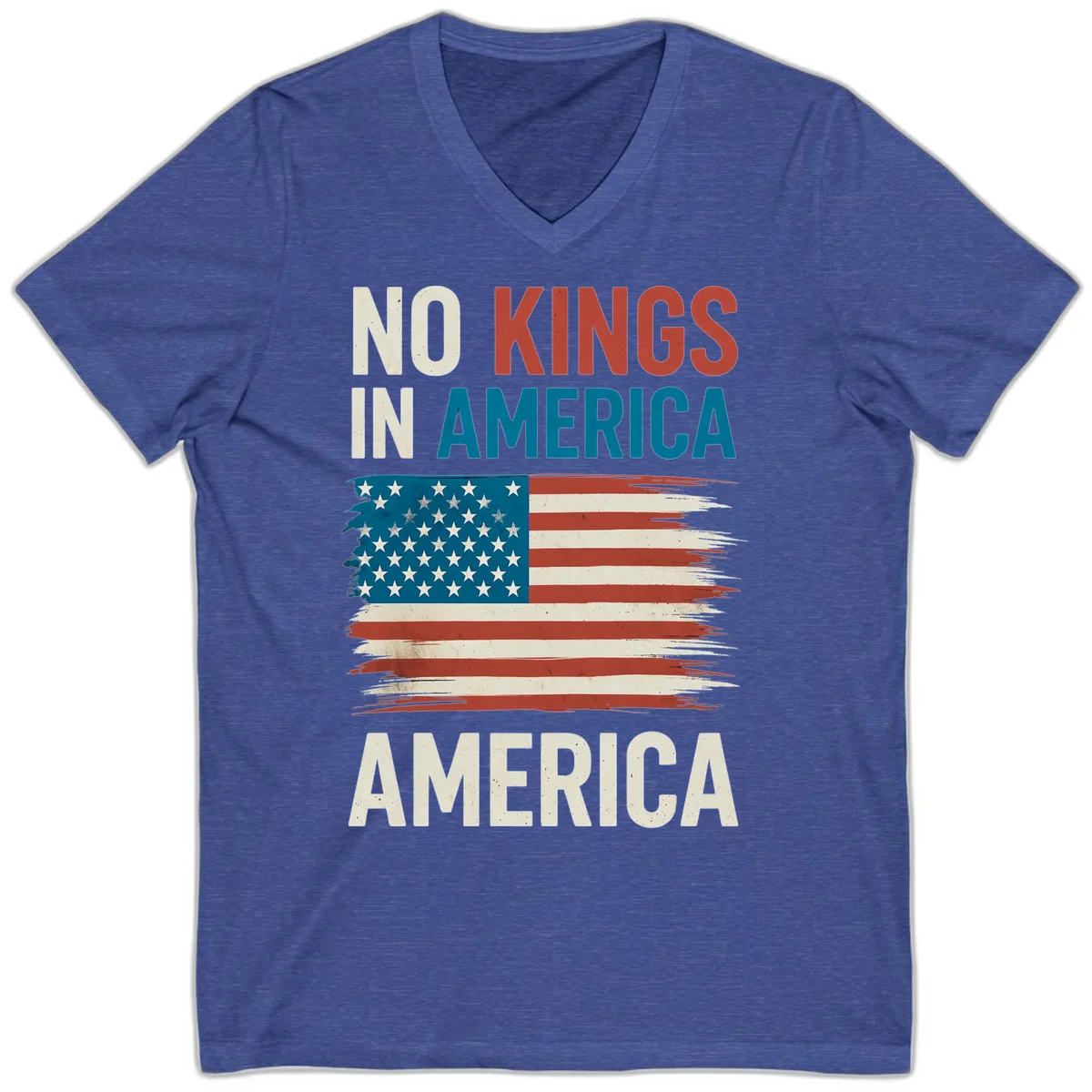 No Kings In America V-Neck in Heather True Royal