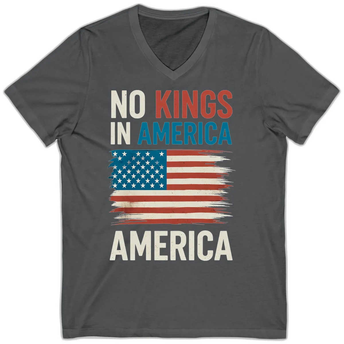 No Kings In America Distressed Flag Design V-Neck in Asphalt