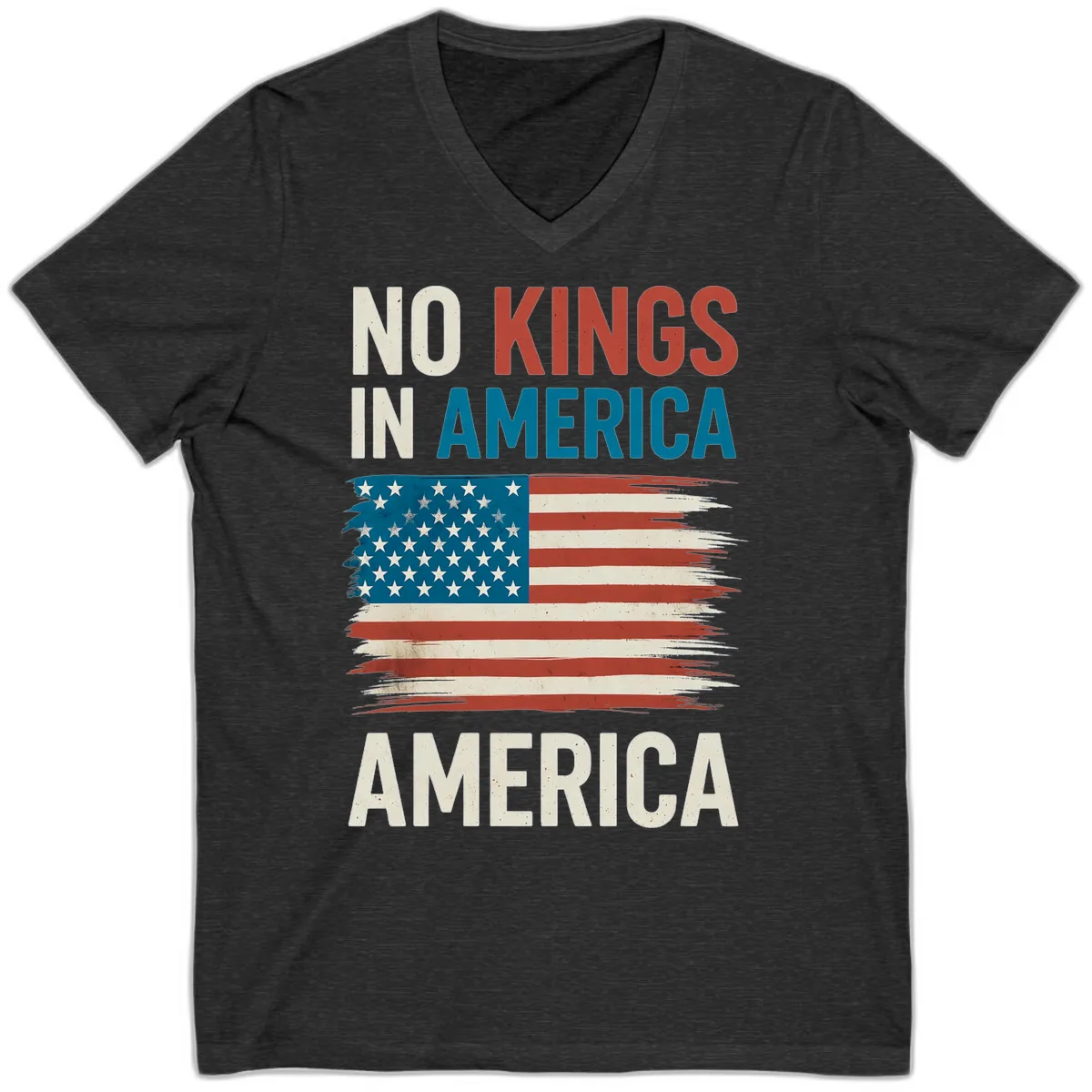 No Kings In America Distressed Flag Design V-Neck in Dark Grey Heather