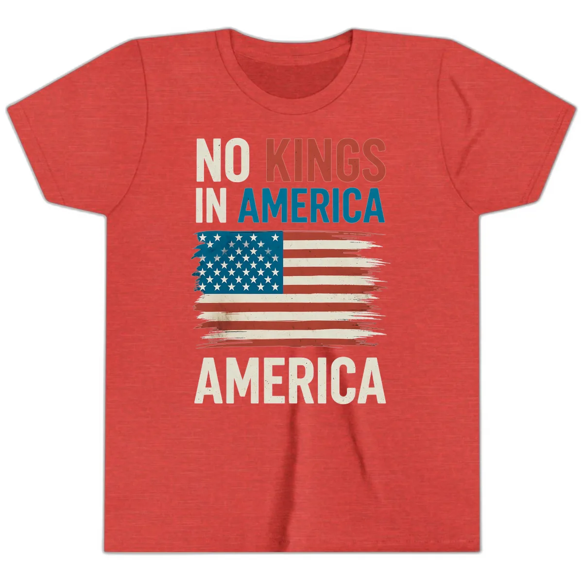 No Kings In America Distressed Flag Design Youth T-Shirt in Heather Red