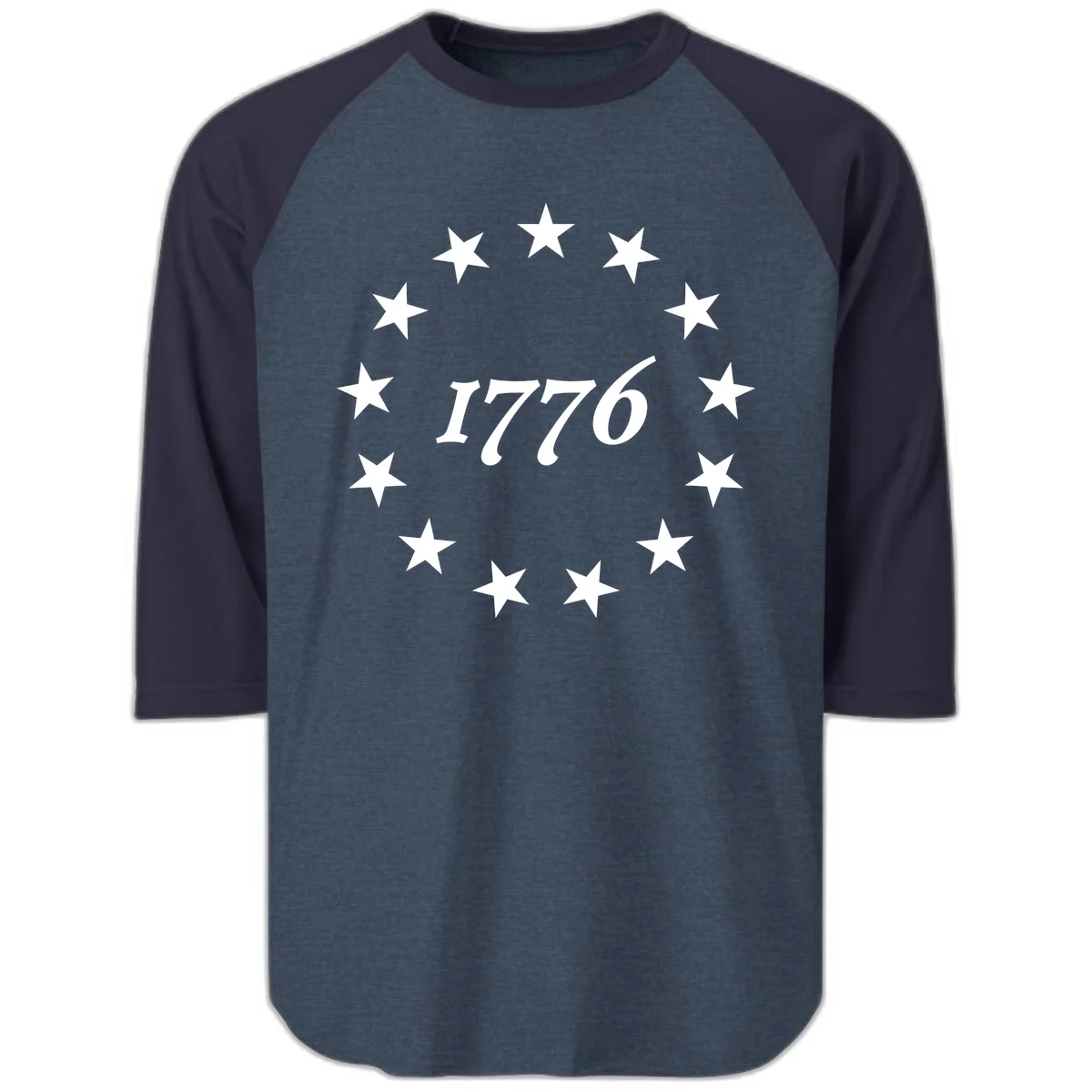 America 250th Anniversary EST 1776 Stars Raglan 3/4 in Heather Denim Navy