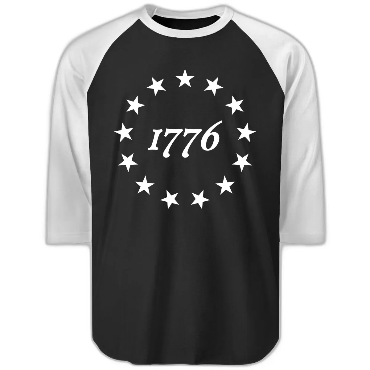 America 250th Anniversary EST 1776 Stars Raglan 3/4 in Black White