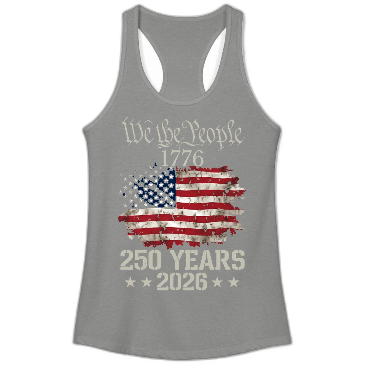 We The People 1776 Distressed Flag Ladies Tank in Heather Grey
