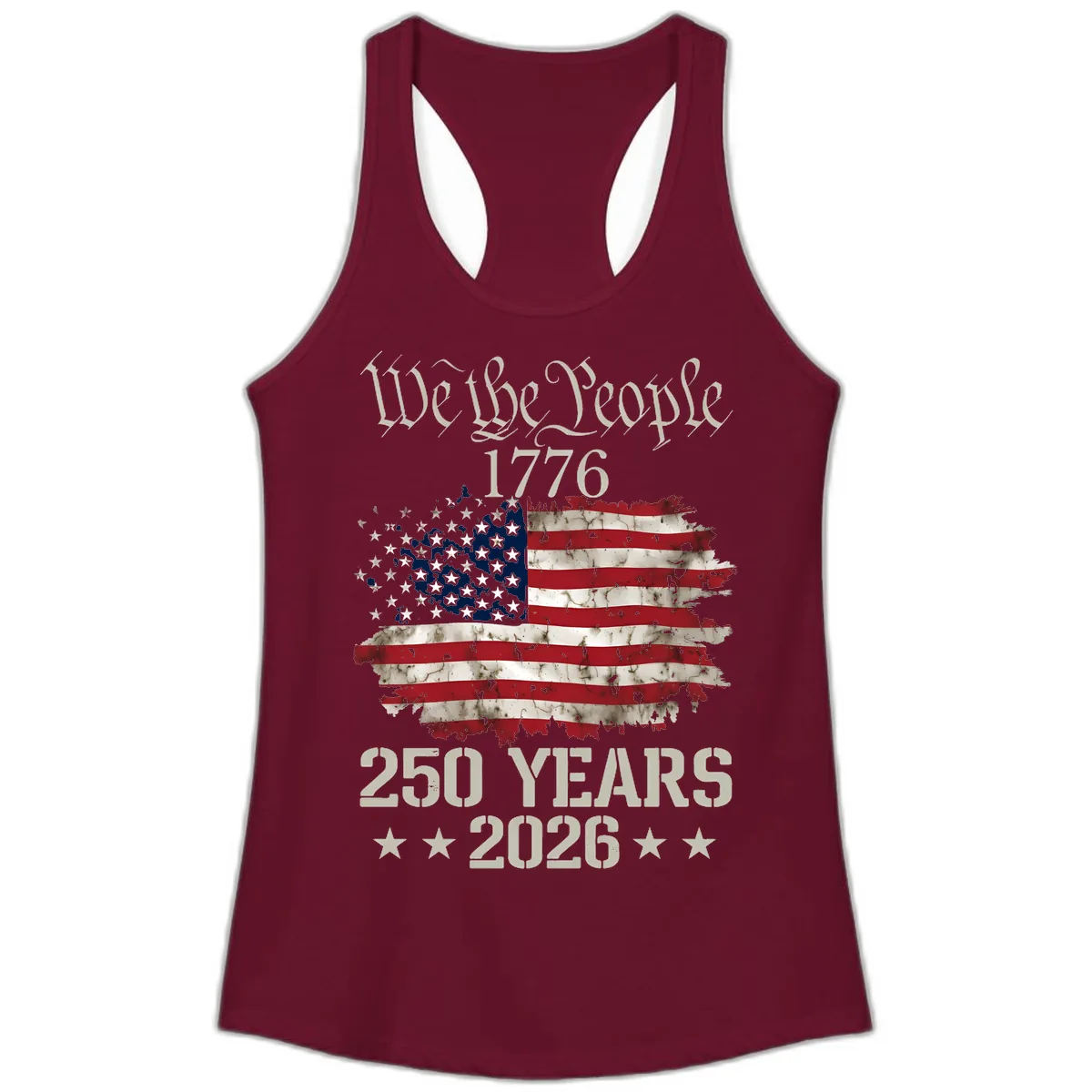 We The People 1776 Distressed Flag 250th Anniversary Ladies Tank in Solid Cardinal Red