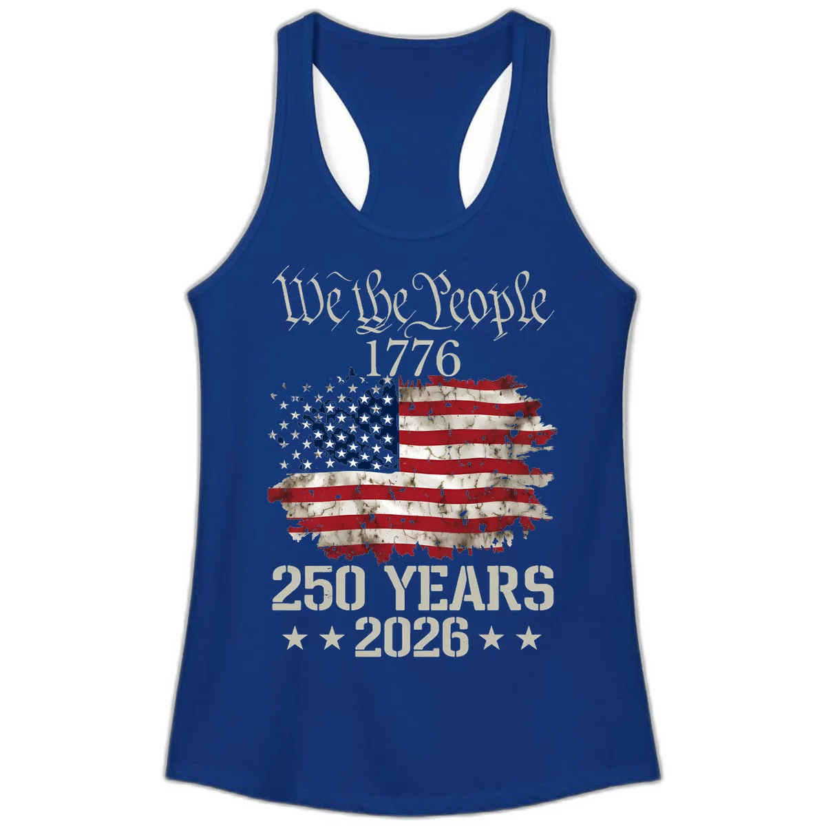 We The People 1776 Distressed Flag Ladies Tank in Solid Royal