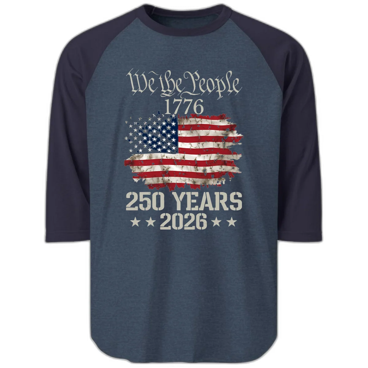 We The People 1776 Distressed Flag Raglan 3/4 in Heather Denim Navy