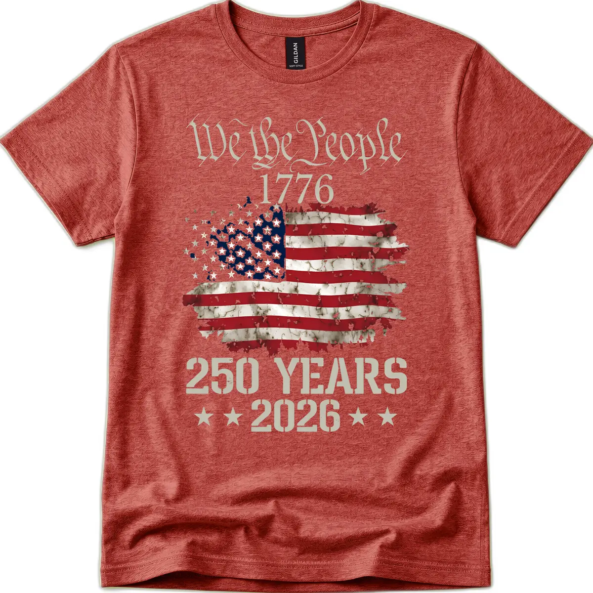 We The People 1776 Distressed Flag 250th Anniversary T-Shirt in Heather Cardinal