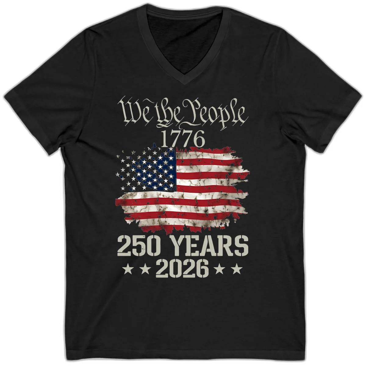 We The People 1776 Distressed Flag V-Neck in Black