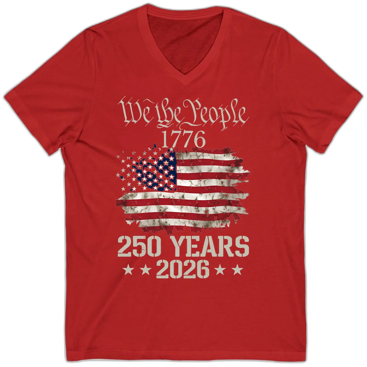 We The People 1776 Distressed Flag V-Neck in Red