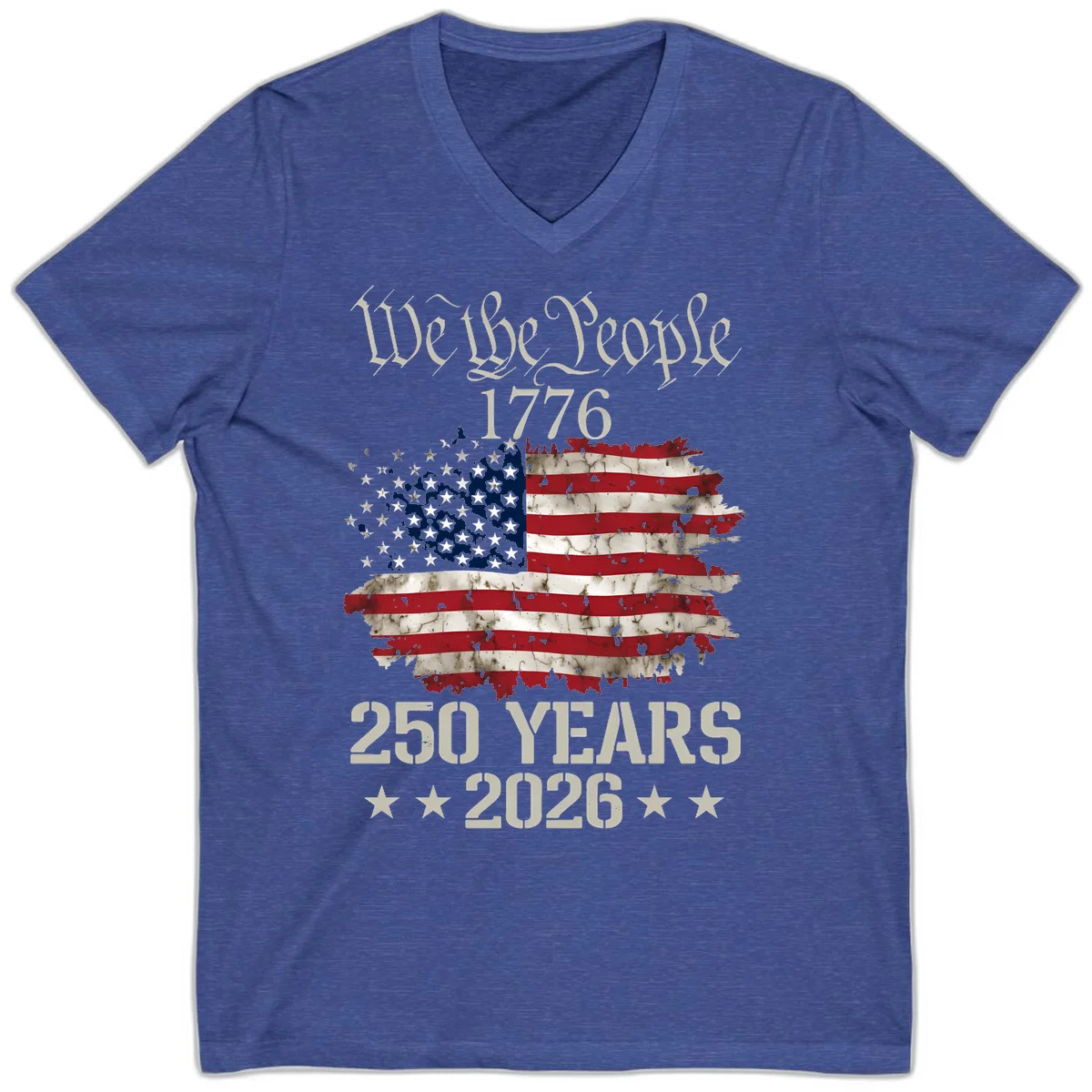 We The People 1776 Distressed Flag V-Neck in Heather True Royal