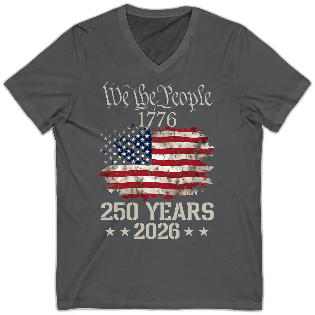 We The People 1776 Distressed Flag 250th Anniversary V-Neck in Asphalt
