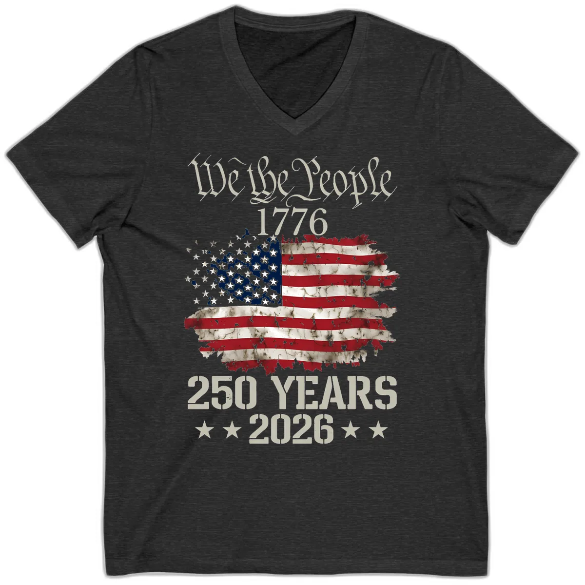 We The People 1776 Distressed Flag 250th Anniversary V-Neck in Dark Grey Heather