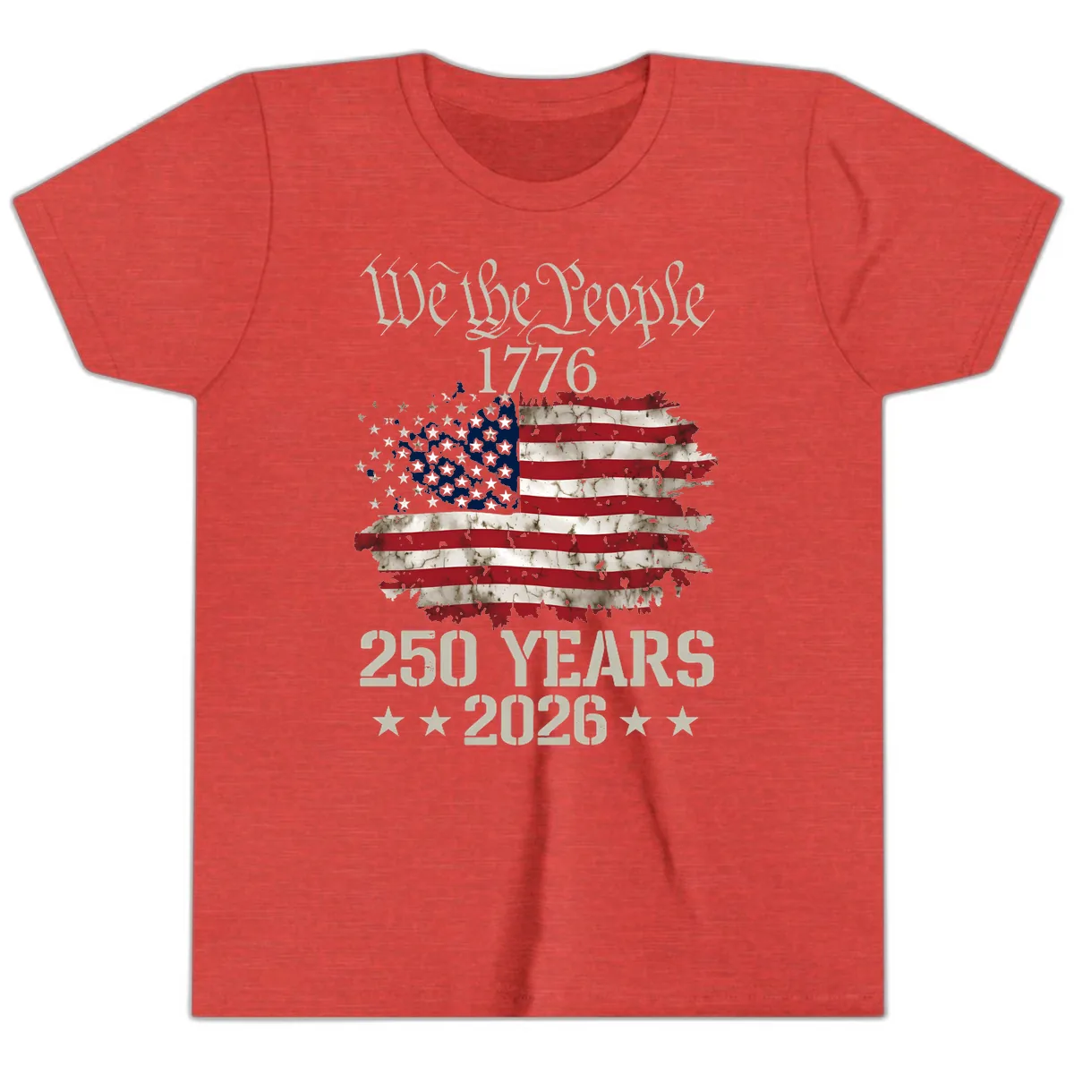 We The People 1776 Distressed Flag 250th Anniversary Youth T-Shirt in Heather Red