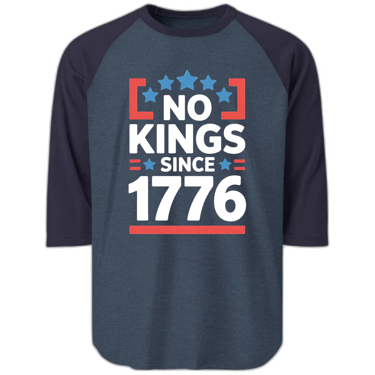 No Kings Since 1776 Raglan 3/4 in Heather Denim Navy