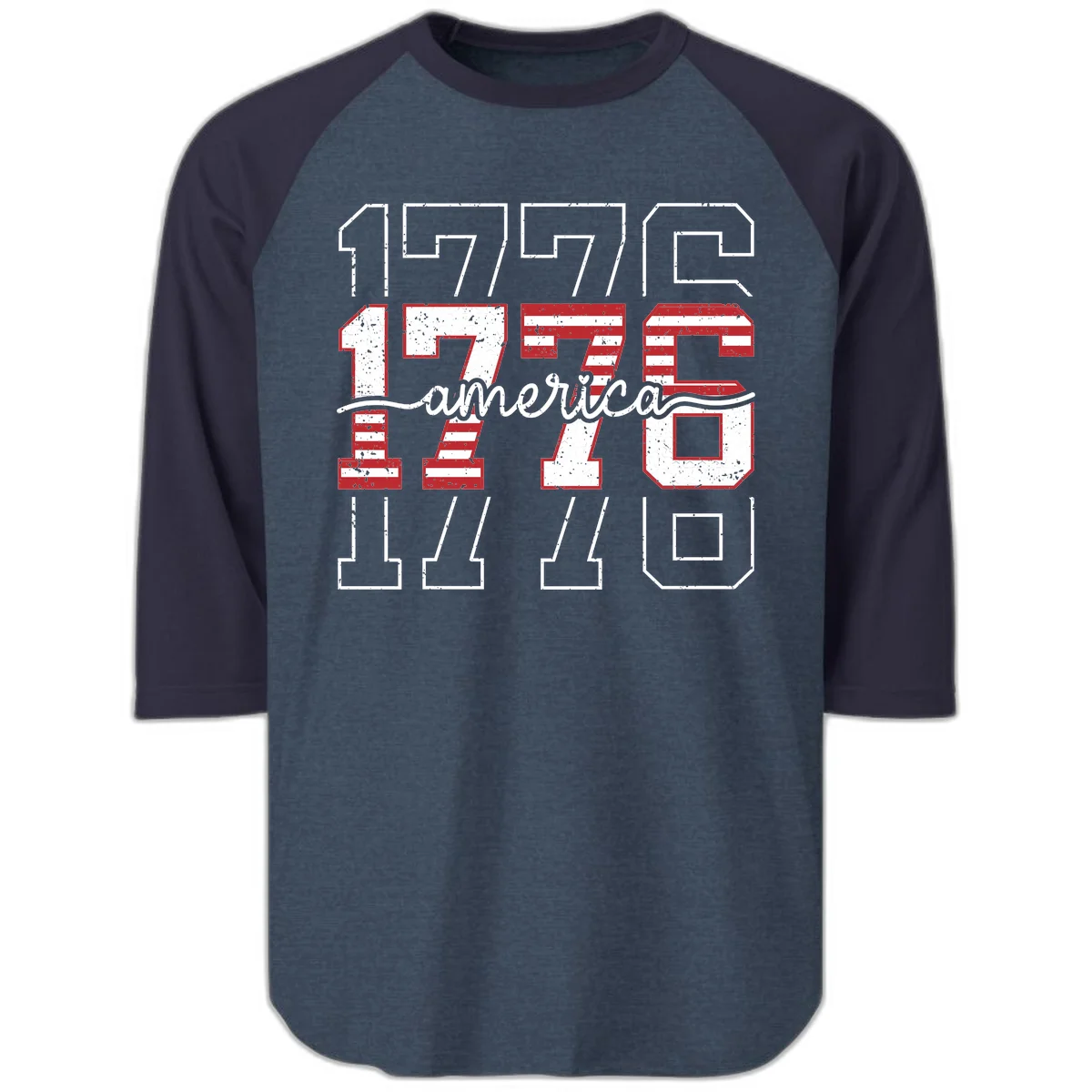 Distressed 1776 Patriotic Heritage Raglan 3/4 in Heather Denim Navy