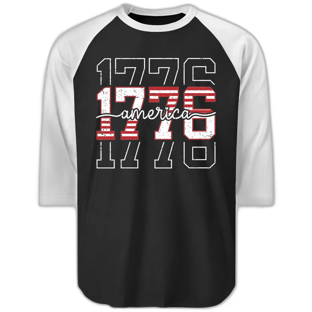 Distressed 1776 Patriotic Heritage Year Raglan 3/4 in Black White