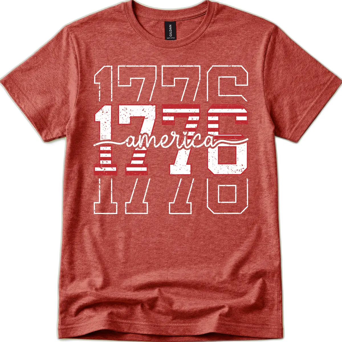 Distressed 1776 Patriotic Heritage Year T-Shirt in Heather Cardinal