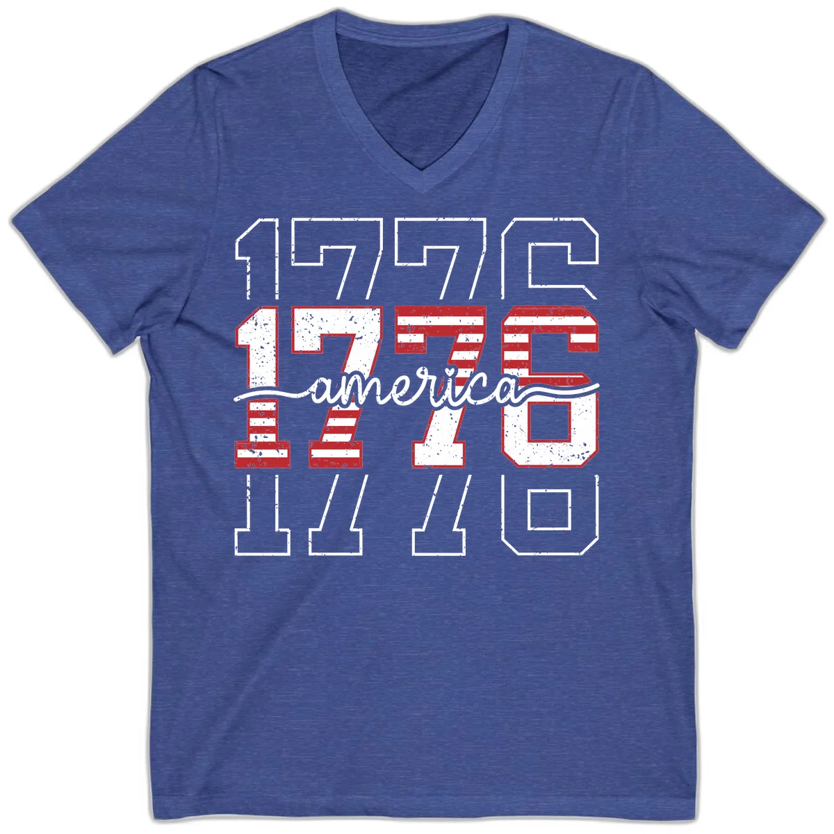 Distressed 1776 Patriotic Heritage V-Neck in Heather True Royal