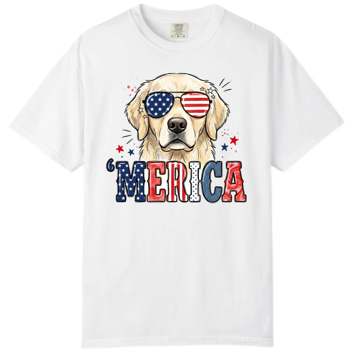 Patriotic Golden Retriever 'Merica Sunglasses Comfort Color in White