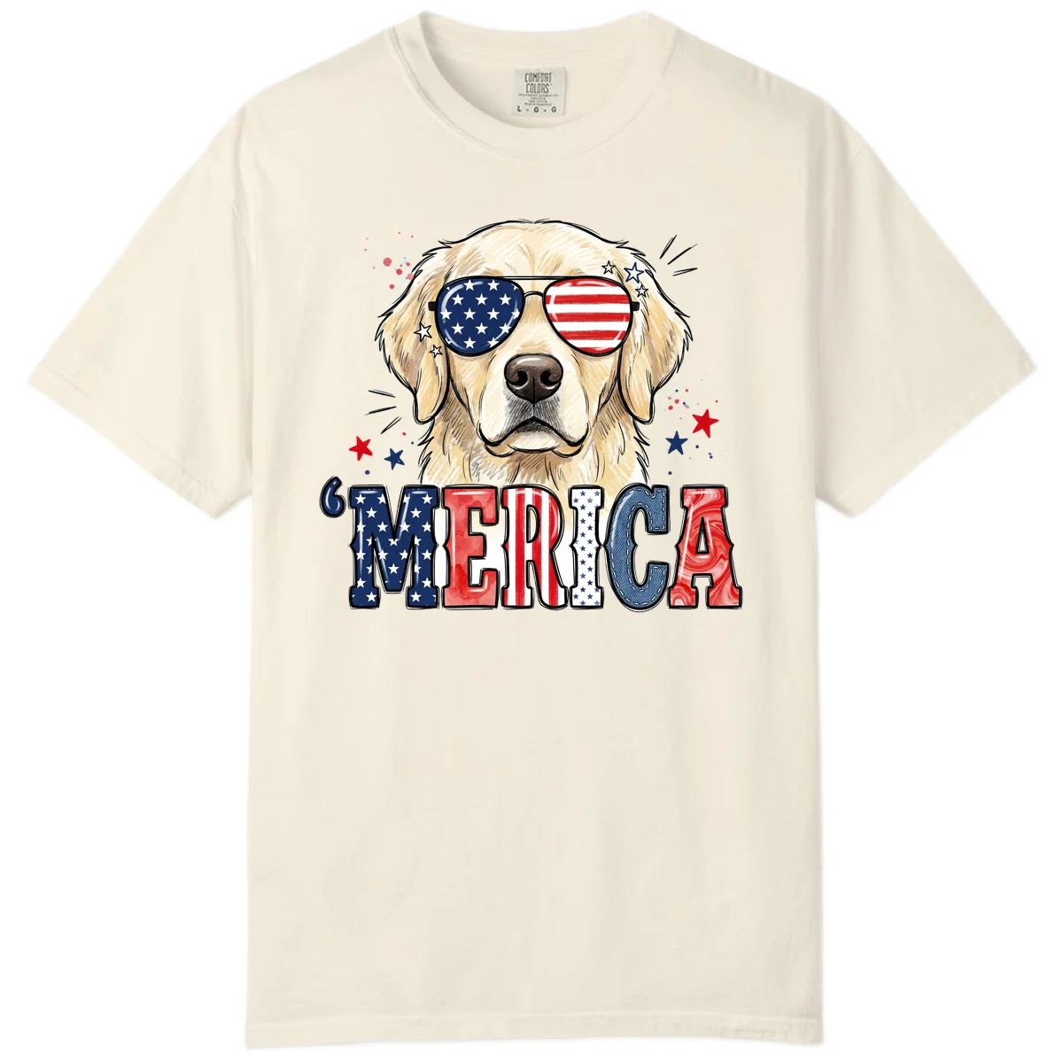 Patriotic Golden Retriever 'Merica Sunglasses Comfort Color in Ivory