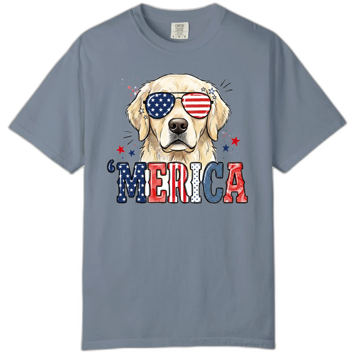 Patriotic Golden Retriever 'Merica Sunglasses Comfort Color in Blue Jean