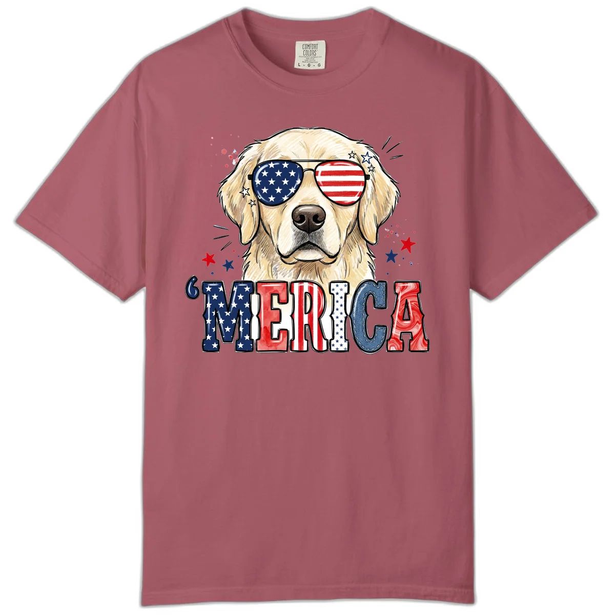 Patriotic Golden Retriever 'Merica Sunglasses Comfort Color in Crimson
