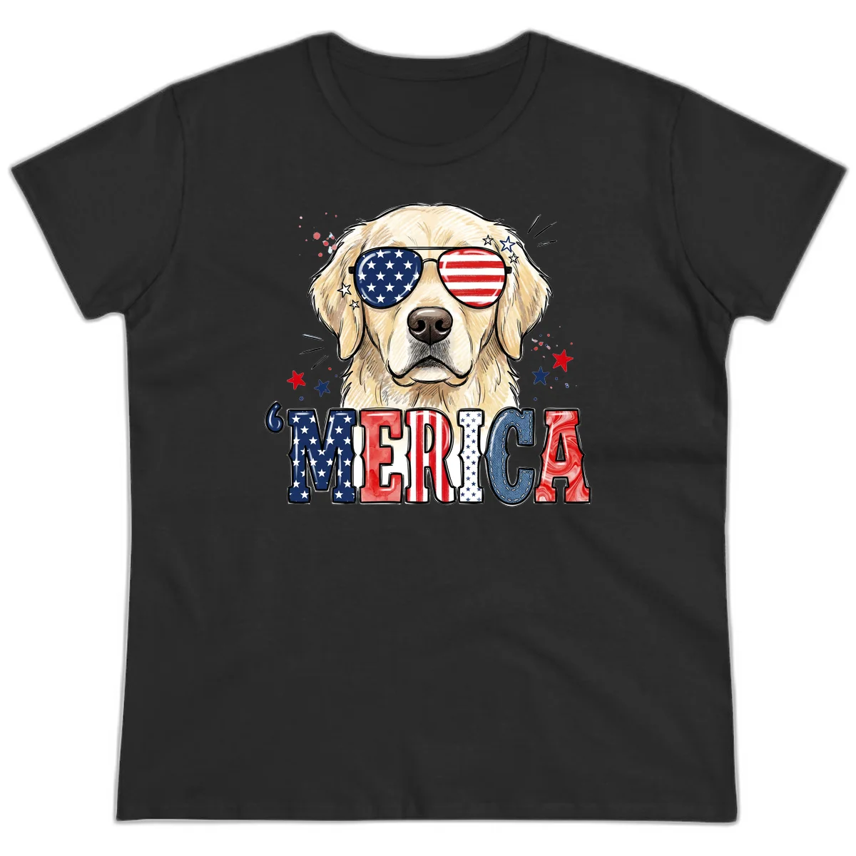 Patriotic Golden Retriever 'Merica Sunglasses Ladies Tee in Black