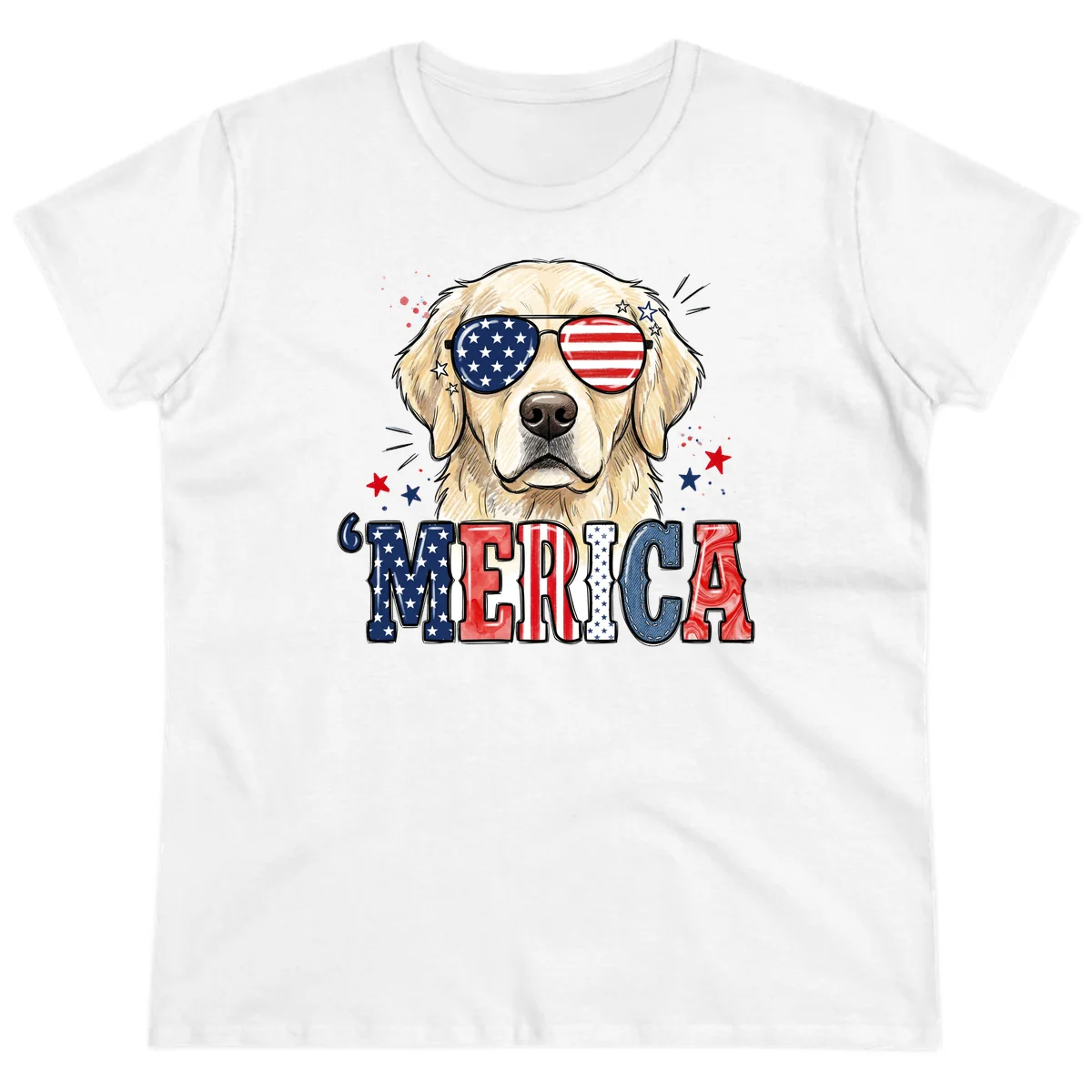 Patriotic Golden Retriever 'Merica Sunglasses Ladies Tee in White