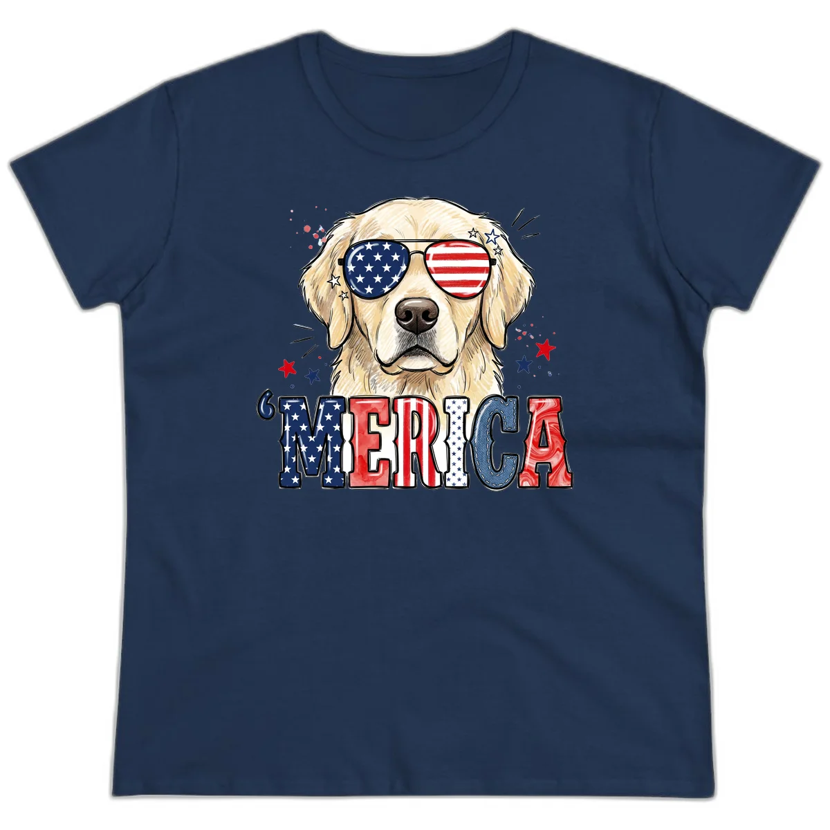Patriotic Golden Retriever 'Merica Sunglasses Ladies Tee in Navy