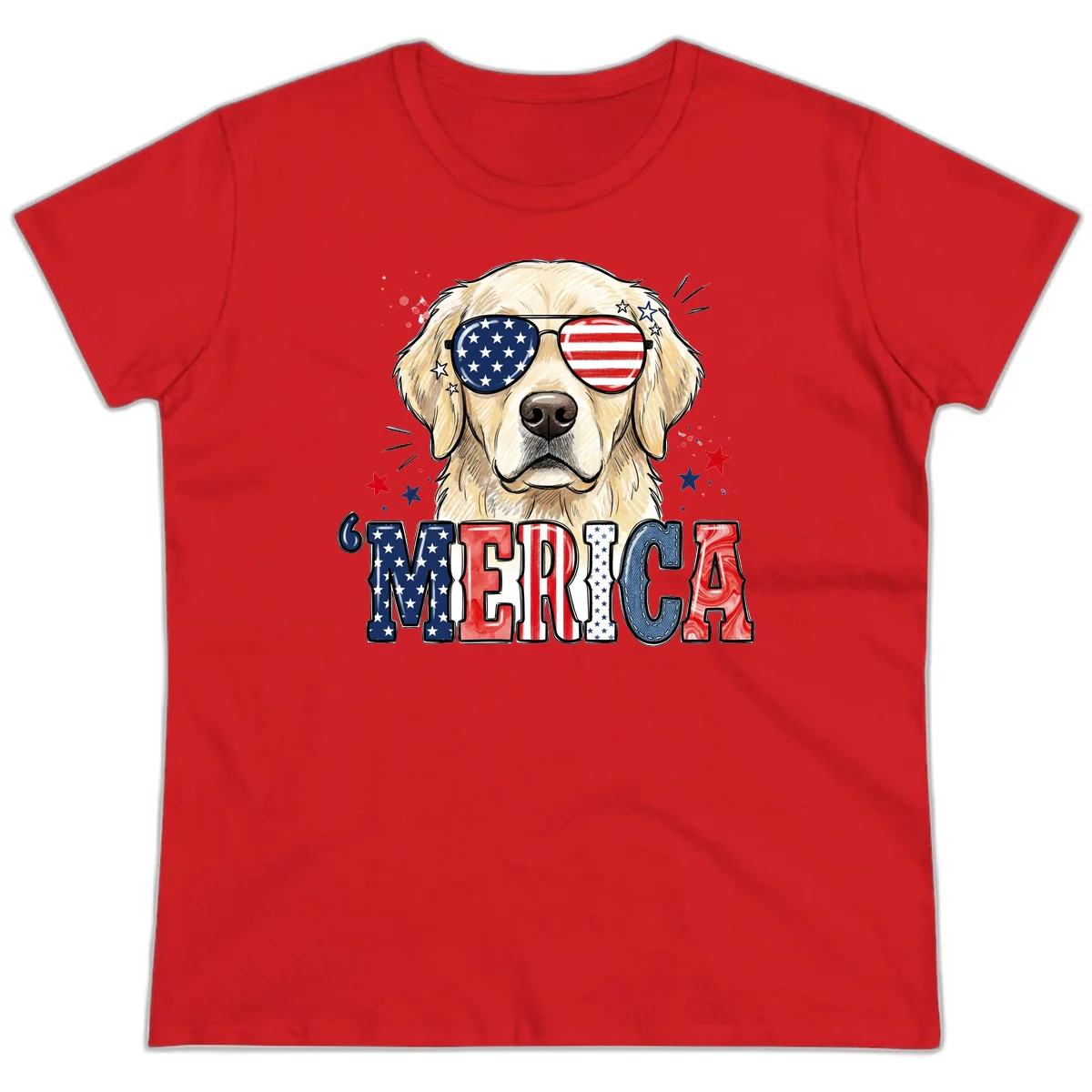 Patriotic Golden Retriever 'Merica Sunglasses Ladies Tee in Red