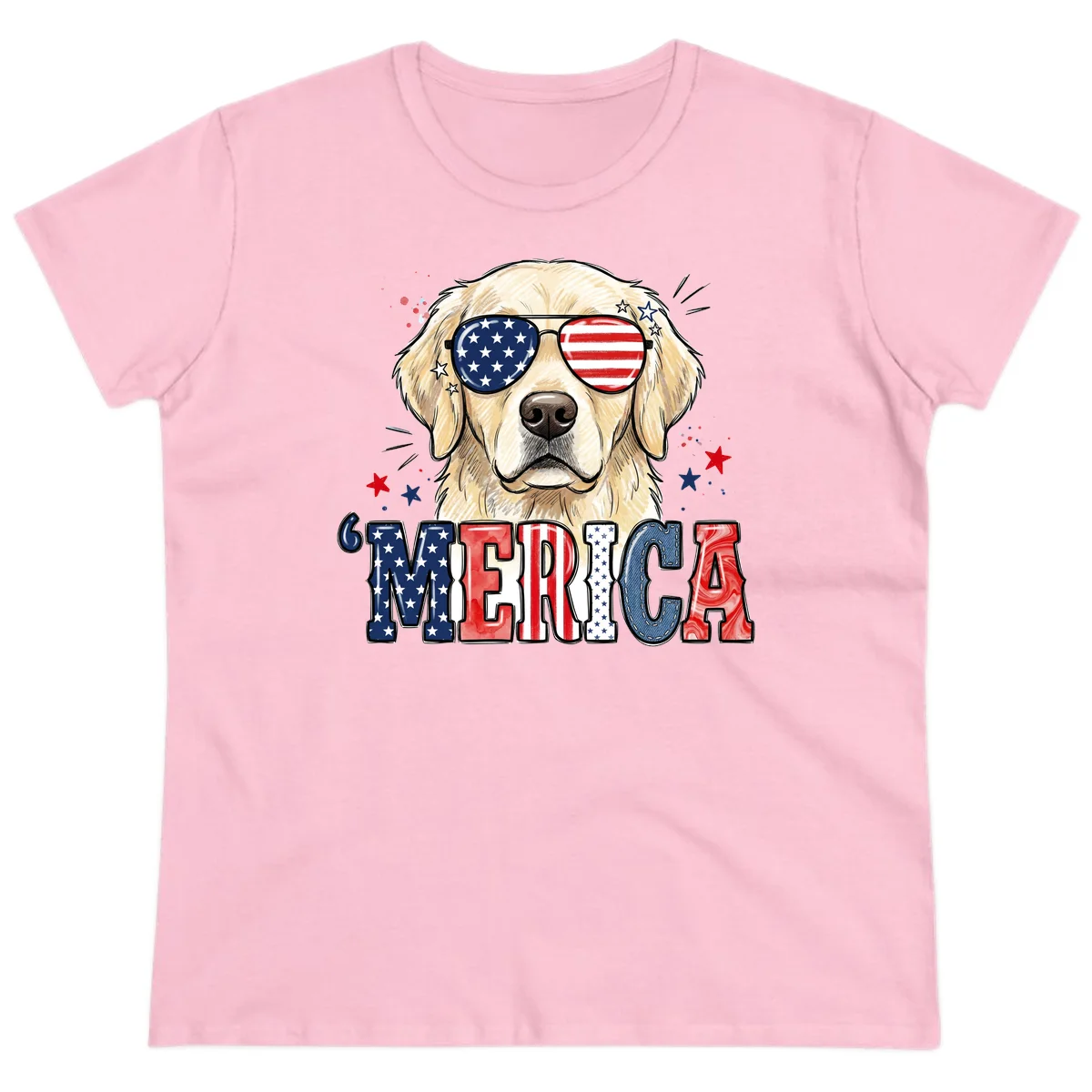 Patriotic Golden Retriever 'Merica Sunglasses Ladies Tee in Light Pink