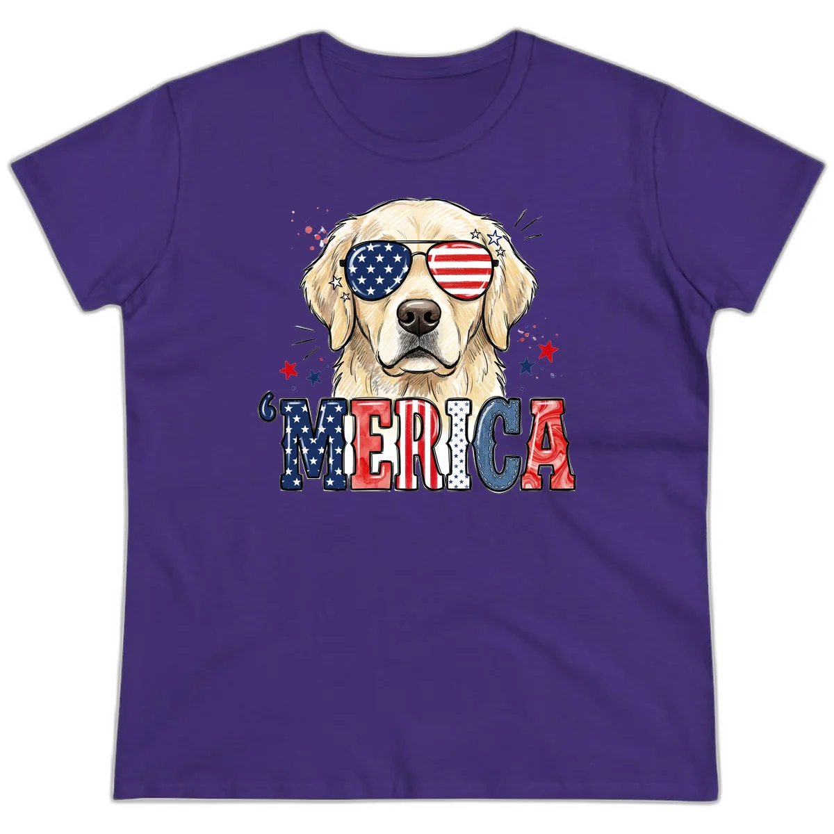 Patriotic Golden Retriever 'Merica Sunglasses Ladies Tee in Purple