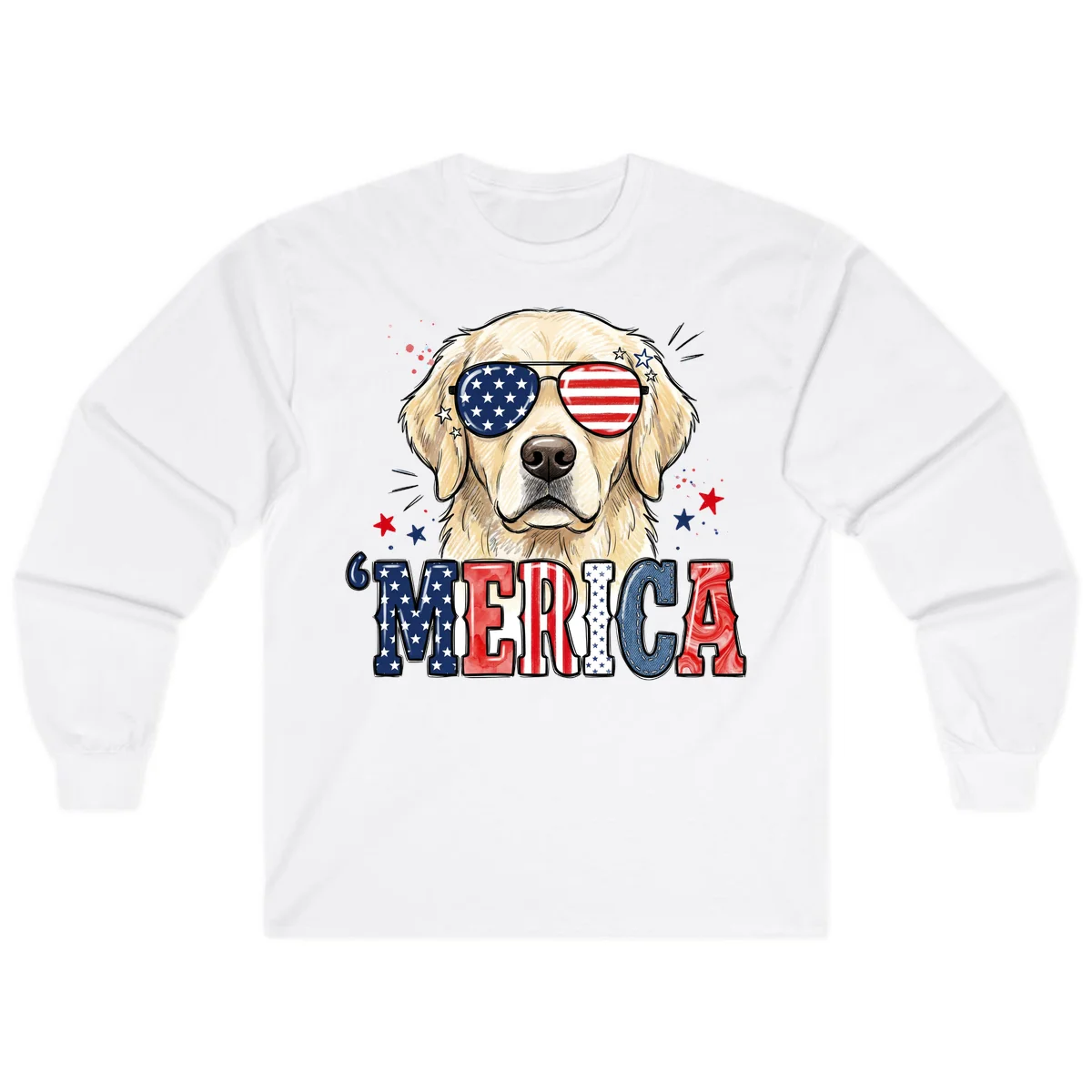 Patriotic Golden Retriever 'Merica Sunglasses Long Sleeve in White