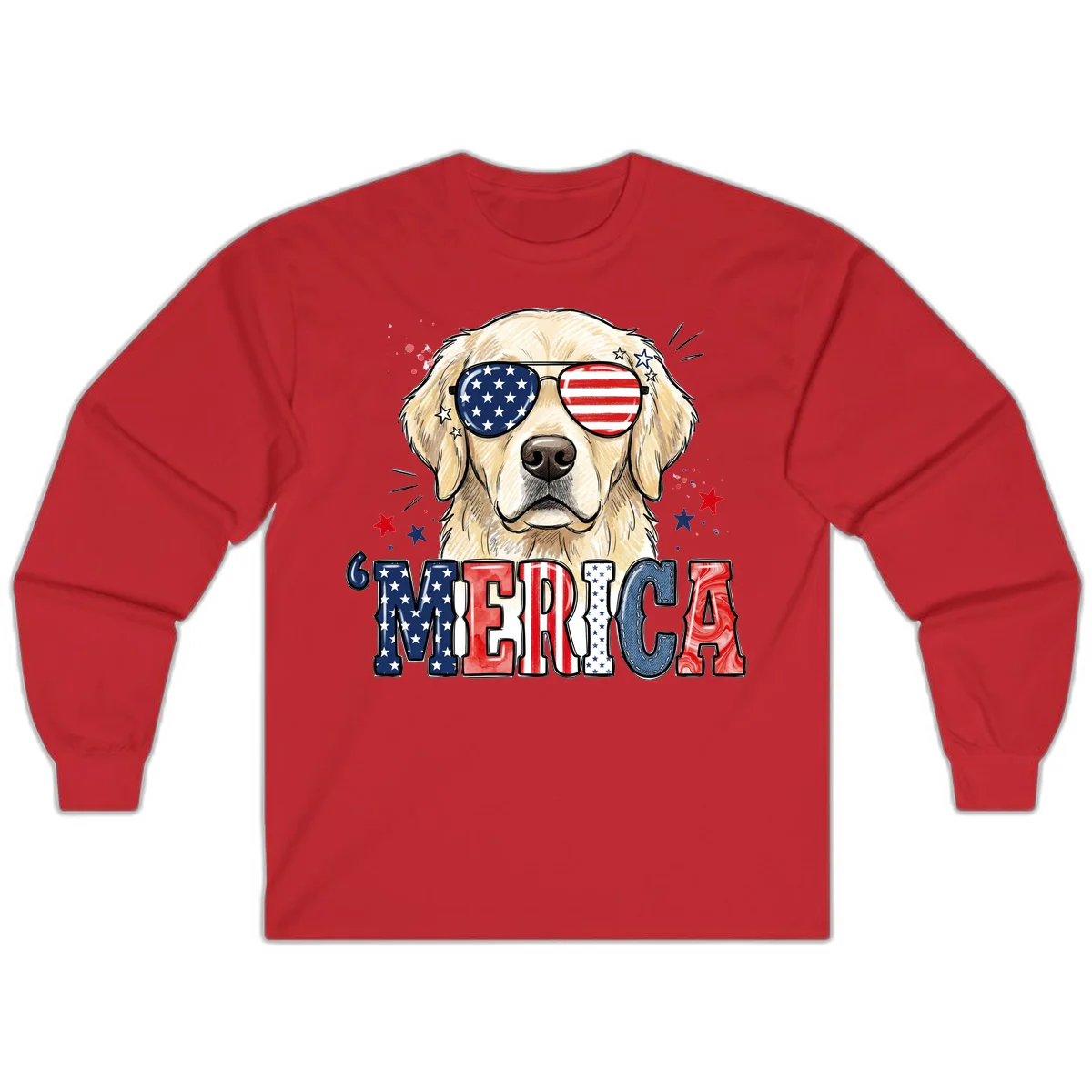 Patriotic Golden Retriever 'Merica Sunglasses Long Sleeve in Red
