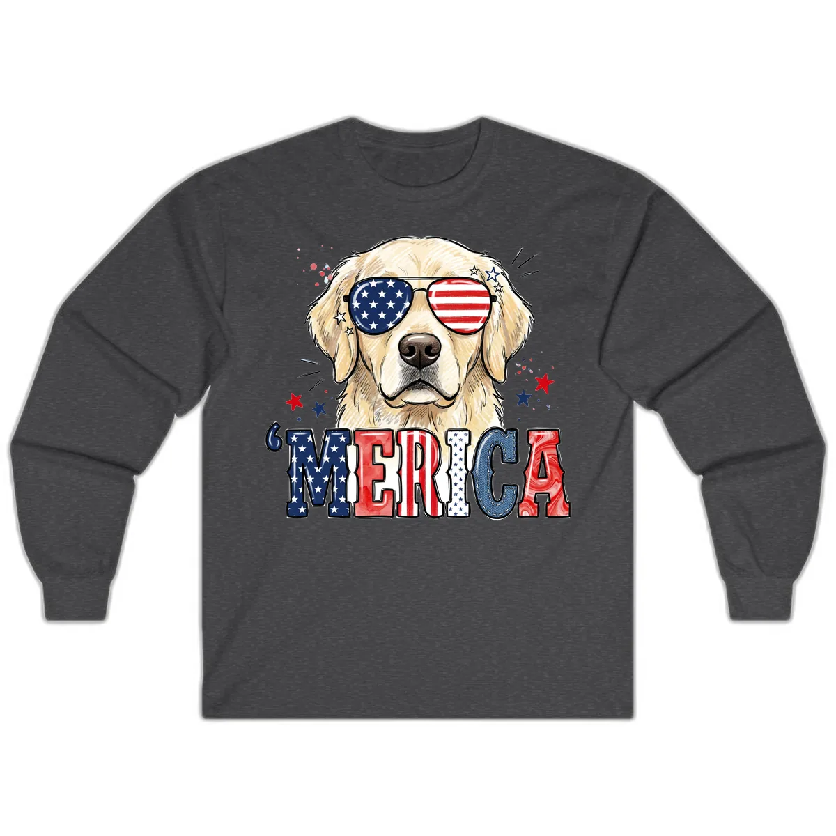 Patriotic Golden Retriever 'Merica Sunglasses Long Sleeve in Dark Heather