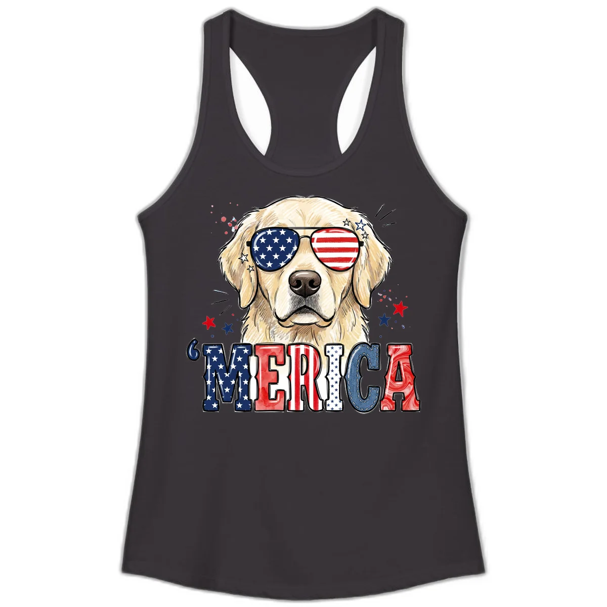 Patriotic Golden Retriever 'Merica Sunglasses Ladies Tank in Black